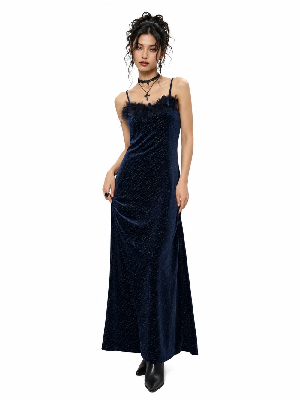 Y2K Whimsigoth Feather Maxi Dress Navy Velvet Glitter Baddie Witchy Vampirecore